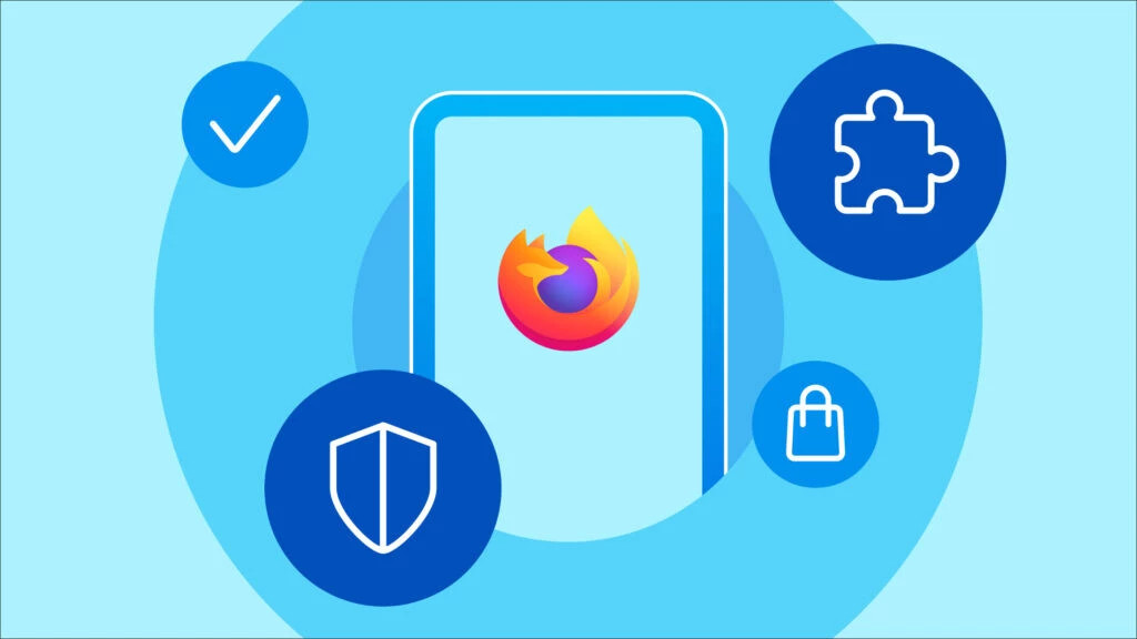 Ilustración donde se puede ver un móvil con Firefox instalado y diferentes elementos (serían las extensiones) que se acoplan