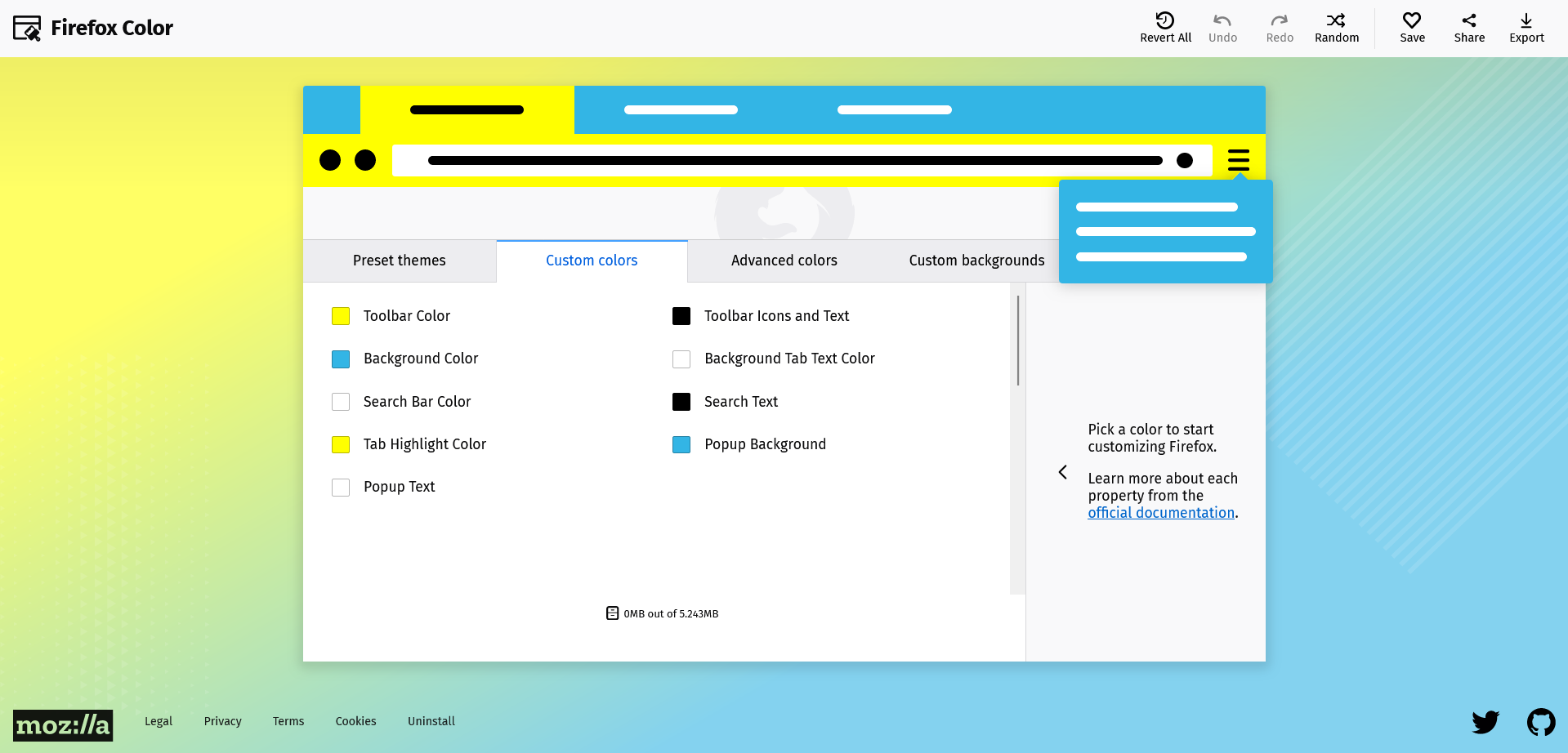 Captura de pantalla de Firefox Color donde se puede configurar el tema de colores del navegador