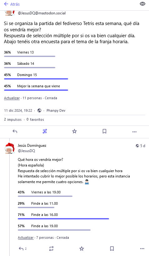 Mensaje de Mastodon donde publico encuestas de día y hora para la partida de Tetris